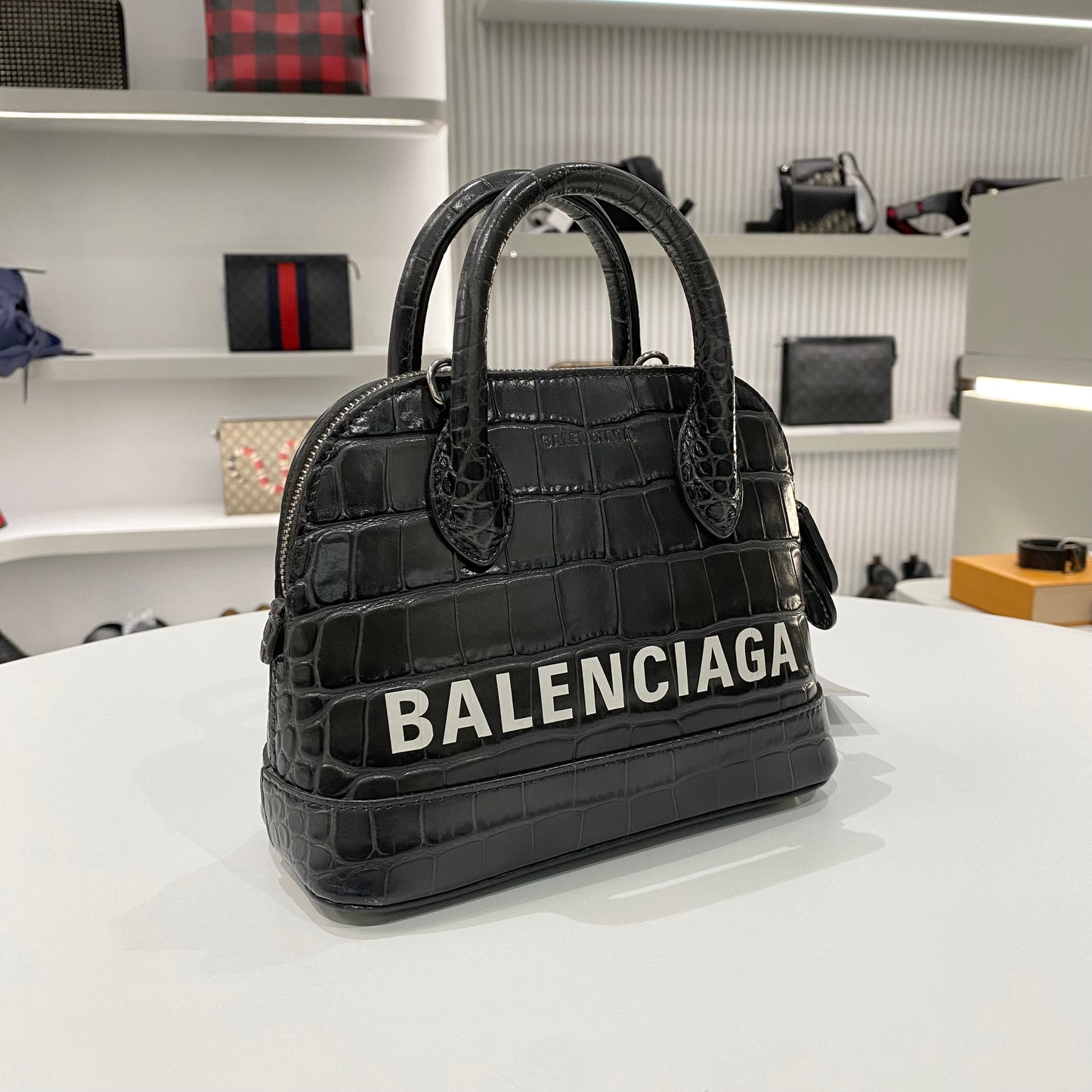 BALENCIAGA VILLE CROCO LEATHER HAND BAG