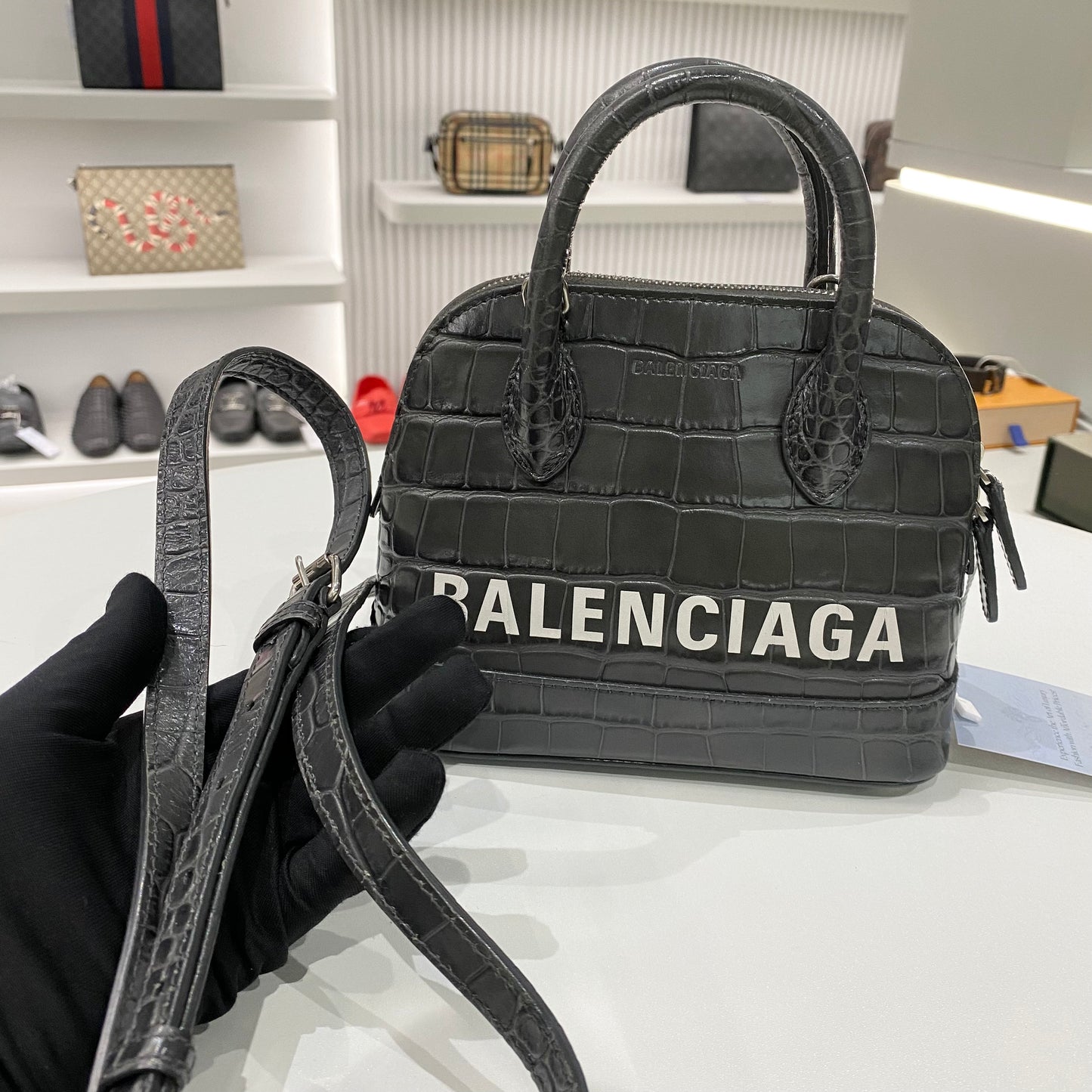 BALENCIAGA VILLE CROCO LEATHER HAND BAG